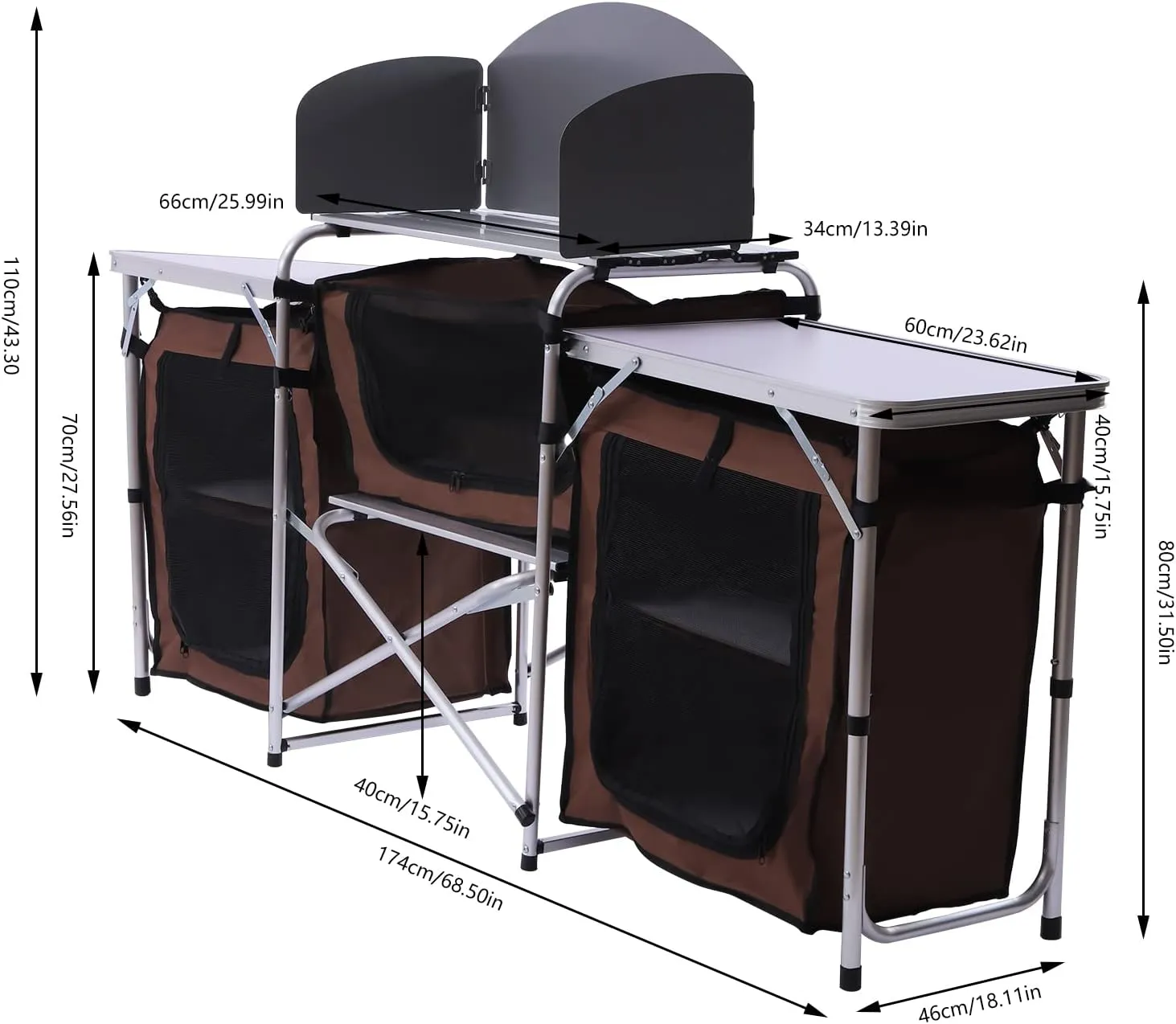 Portable Folding Camping Kitchen Station with 26'' Tabletop, 2 Side Tables, Storage Organizer, Detachable Windscreen - Aluminum Alloy Frame, 600D Oxford Fabric, Brown - for BBQ, Picnic, Camping