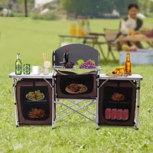 Portable Folding Camping Kitchen Station with 26'' Tabletop, 2 Side Tables, Storage Organizer, Detachable Windscreen - Aluminum Alloy Frame, 600D Oxford Fabric, Brown - for BBQ, Picnic, Camping