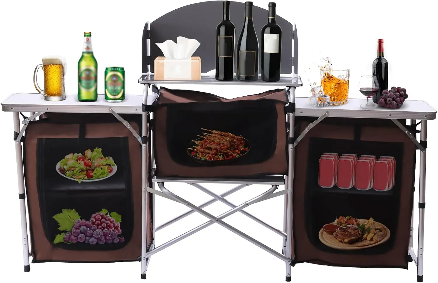 Portable Folding Camping Kitchen Station with 26'' Tabletop, 2 Side Tables, Storage Organizer, Detachable Windscreen - Aluminum Alloy Frame, 600D Oxford Fabric, Brown - for BBQ, Picnic, Camping
