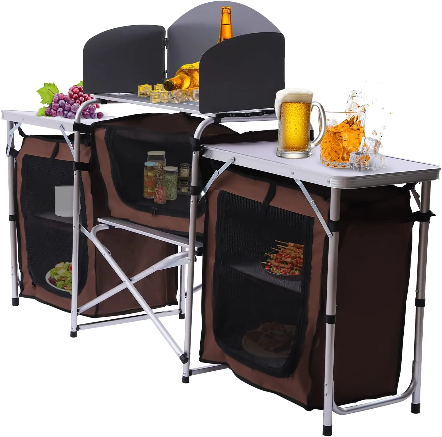 Portable Folding Camping Kitchen Station with 26'' Tabletop, 2 Side Tables, Storage Organizer, Detachable Windscreen - Aluminum Alloy Frame, 600D Oxford Fabric, Brown - for BBQ, Picnic, Camping