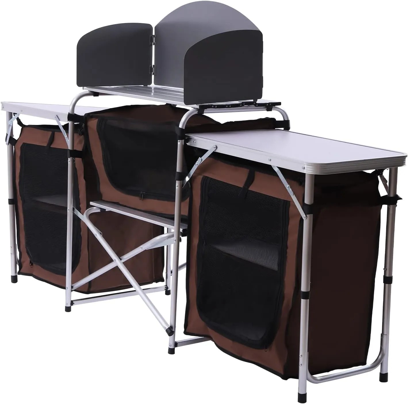 Portable Folding Camping Kitchen Station with 26'' Tabletop, 2 Side Tables, Storage Organizer, Detachable Windscreen - Aluminum Alloy Frame, 600D Oxford Fabric, Brown - for BBQ, Picnic, Camping