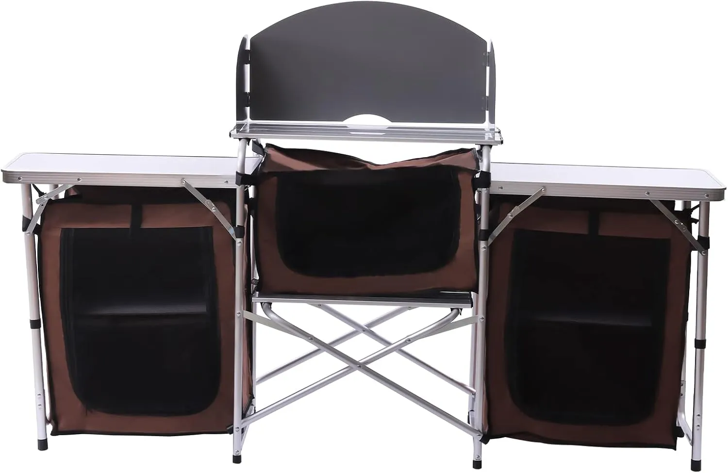 Portable Folding Camping Kitchen Station with 26'' Tabletop, 2 Side Tables, Storage Organizer, Detachable Windscreen - Aluminum Alloy Frame, 600D Oxford Fabric, Brown - for BBQ, Picnic, Camping