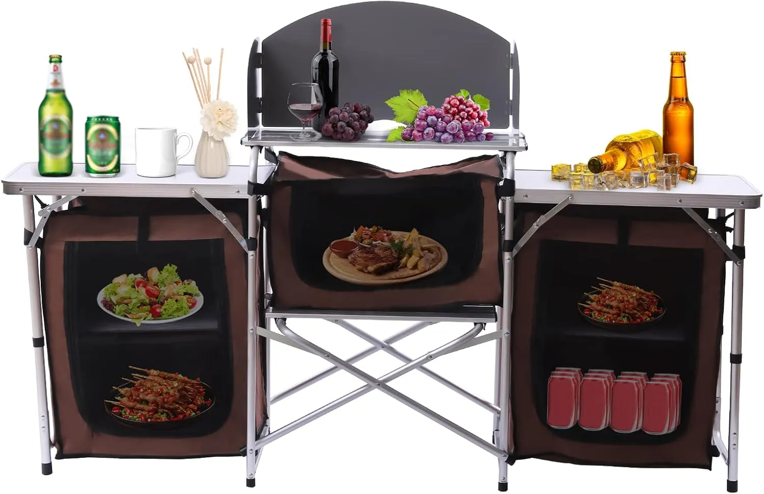 Portable Folding Camping Kitchen Station with 26'' Tabletop, 2 Side Tables, Storage Organizer, Detachable Windscreen - Aluminum Alloy Frame, 600D Oxford Fabric, Brown - for BBQ, Picnic, Camping