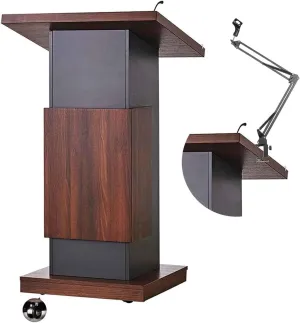 Portable Wooden Podium Stand with Locking Wheels and Adjustable Microphone Stand, Office Conference Room Host Mobile Podium Table, Podium Desk for Teacher Auditorium Classroom