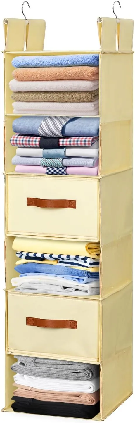 Posprica Reversible Hanging Closet Organizer with 2 Drawers – 3 Large Tiers or 6 Slim Shelves, Dual-Sided Foldable Fabric Storage with Metal Hooks for Wardrobe, RV, Dorm(Beige)