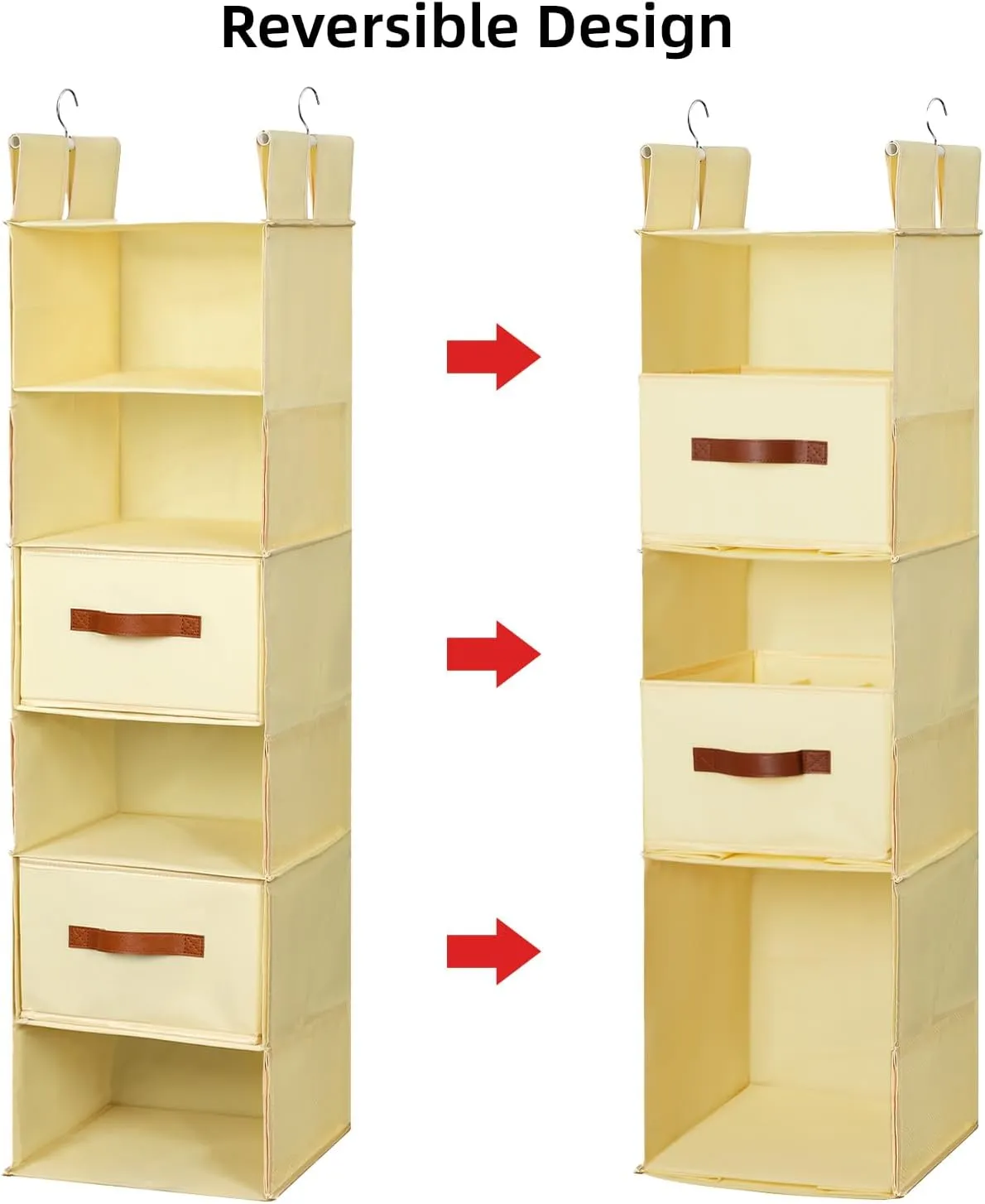Posprica Reversible Hanging Closet Organizer with 2 Drawers – 3 Large Tiers or 6 Slim Shelves, Dual-Sided Foldable Fabric Storage with Metal Hooks for Wardrobe, RV, Dorm(Beige)