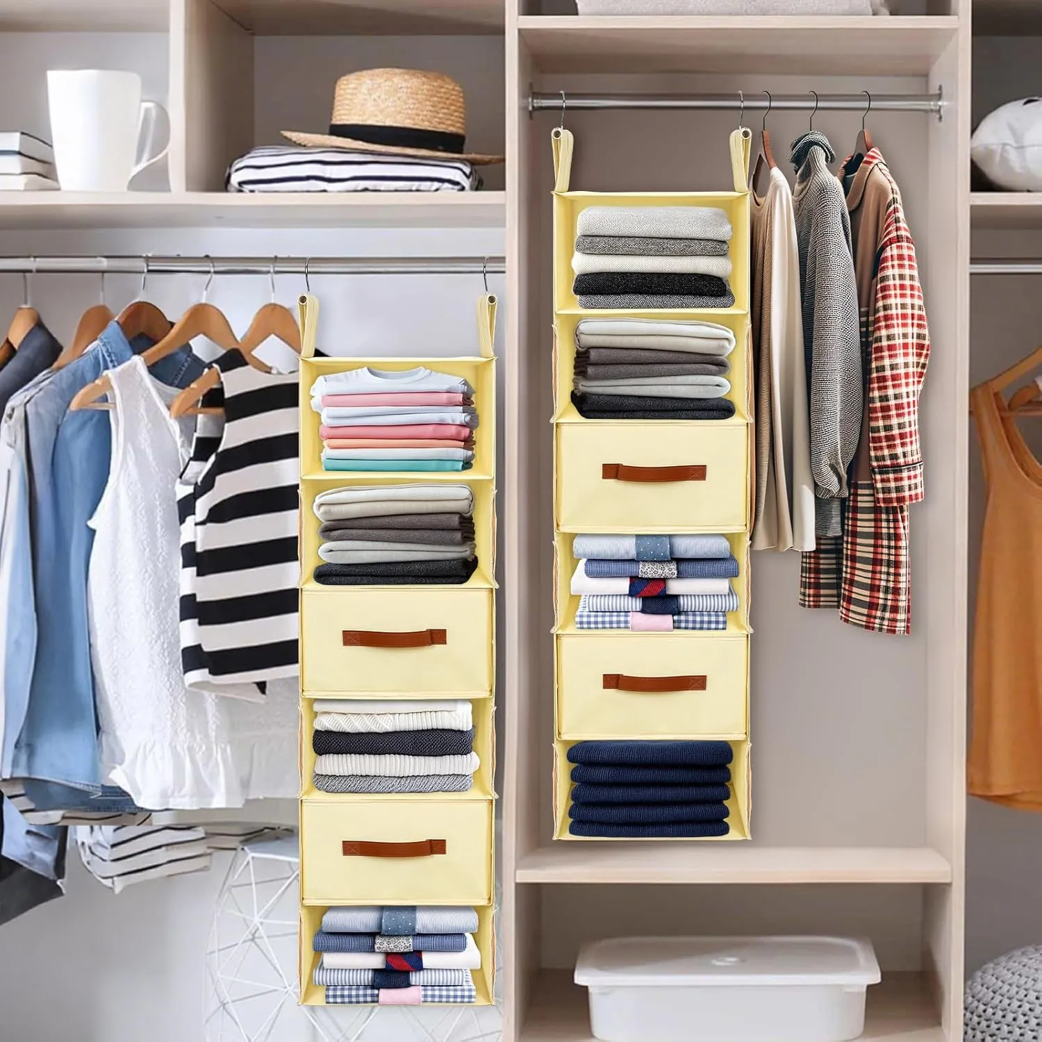 Posprica Reversible Hanging Closet Organizer with 2 Drawers – 3 Large Tiers or 6 Slim Shelves, Dual-Sided Foldable Fabric Storage with Metal Hooks for Wardrobe, RV, Dorm(Beige)