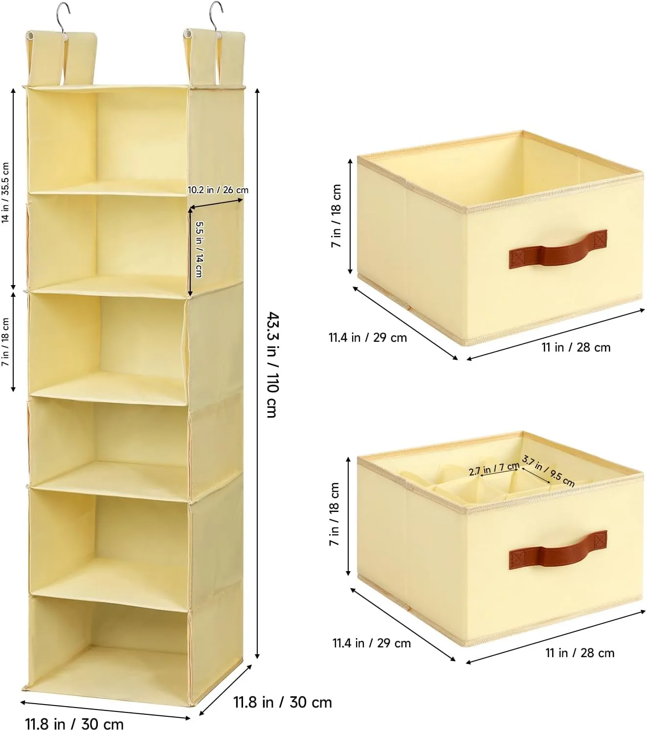 Posprica Reversible Hanging Closet Organizer with 2 Drawers – 3 Large Tiers or 6 Slim Shelves, Dual-Sided Foldable Fabric Storage with Metal Hooks for Wardrobe, RV, Dorm(Beige)