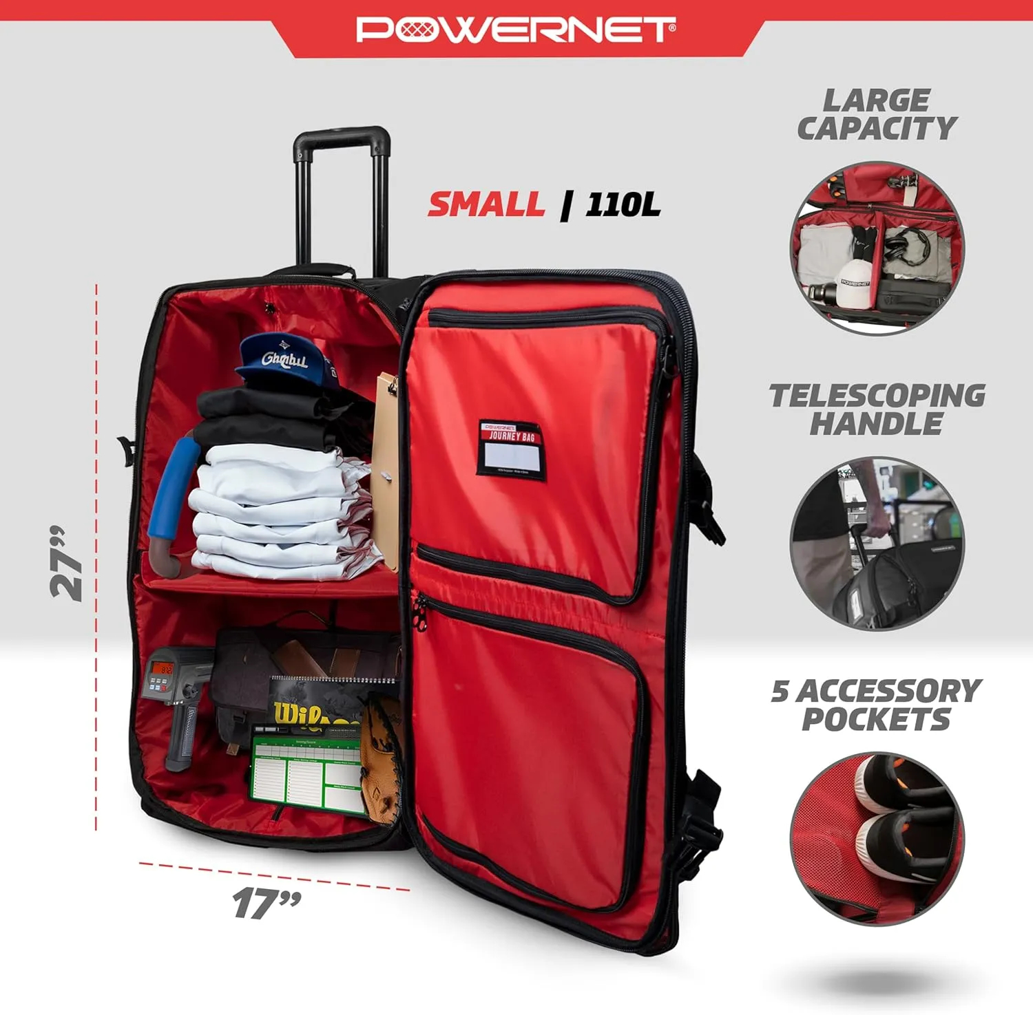PowerNet Baseball Bag, Travel Bag for Softball Baseball Accessories & Baseball Gear, Fits Baseball Glove, Bat, Helmet, Batting Gloves & Catchers Gear