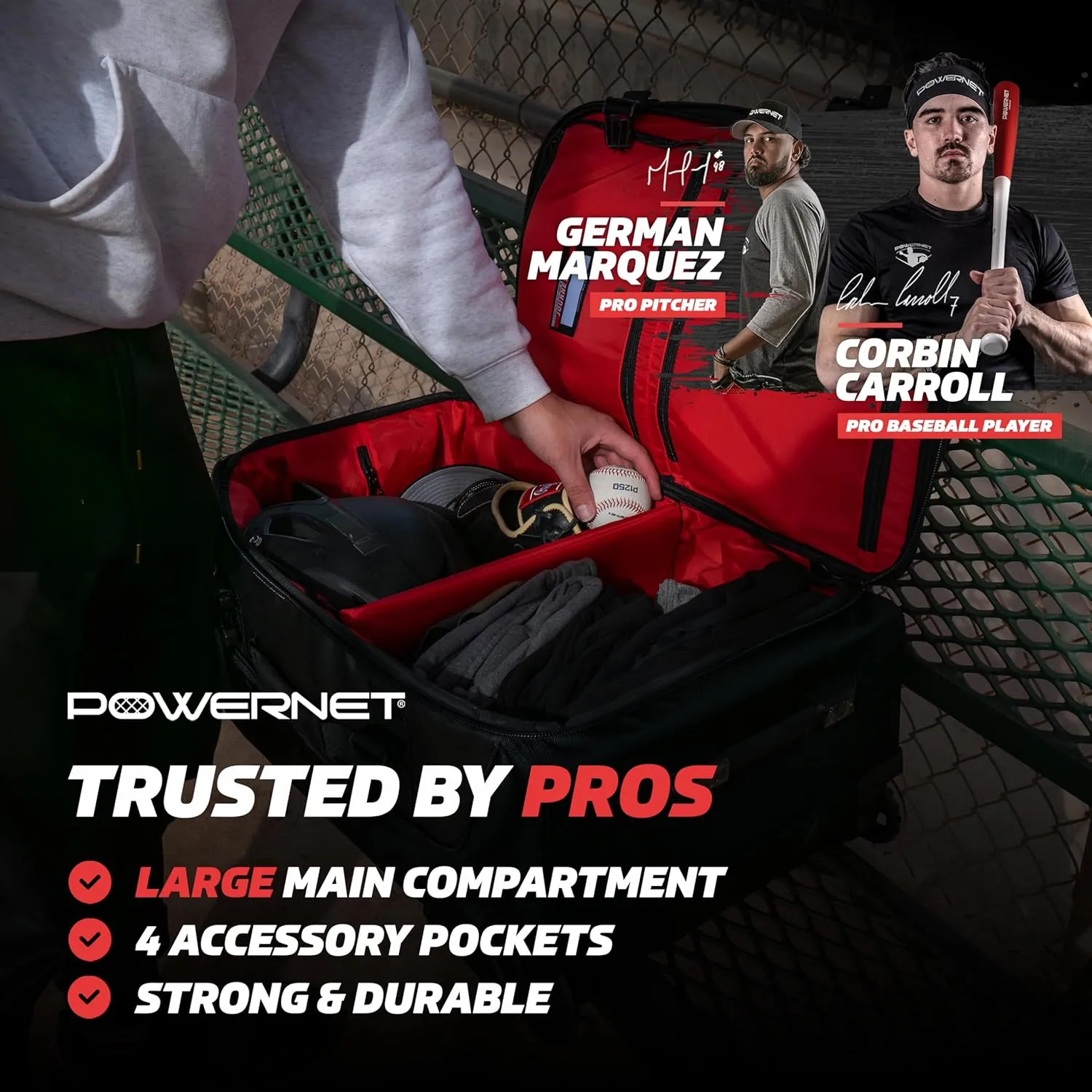 PowerNet Baseball Bag, Travel Bag for Softball Baseball Accessories & Baseball Gear, Fits Baseball Glove, Bat, Helmet, Batting Gloves & Catchers Gear