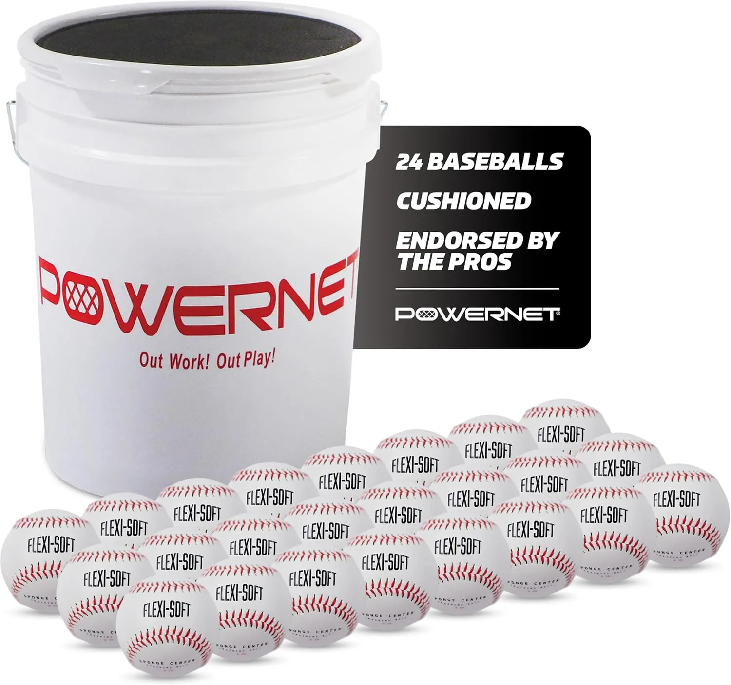 PowerNet Baseball Bundle, Padded Bucket with 24 Practice Baseballs or Flexi-Soft Training Balls, Portable Pitching & Batting Practice Equipment