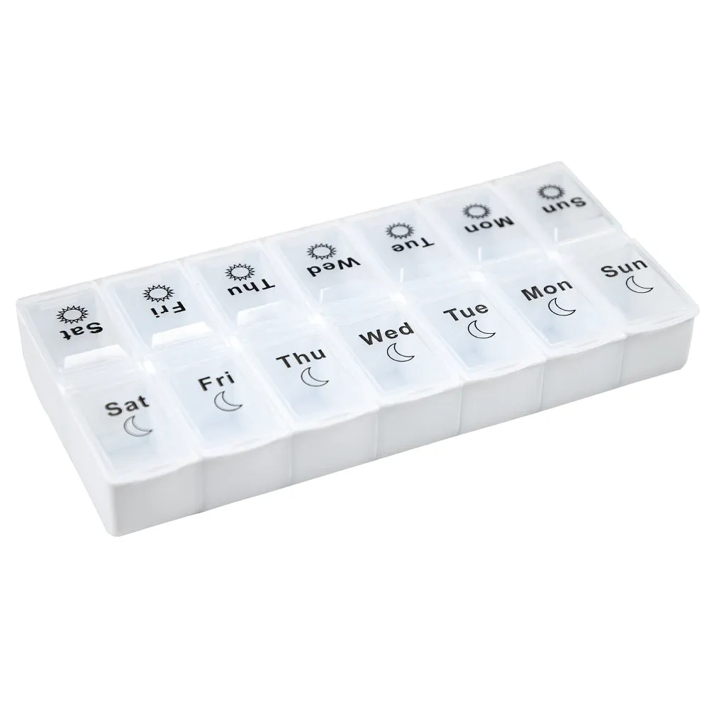 Premium Weekly Travel Pill Organizer – 7-Day 14-Grid Medicine Storage Box for Tablets, Vitamins, Fish Oils, and Supplements – Compact Portable Container for Daily Medication Use