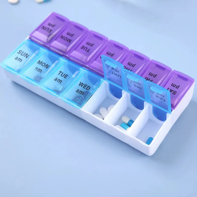Premium Weekly Travel Pill Organizer – 7-Day 14-Grid Medicine Storage Box for Tablets, Vitamins, Fish Oils, and Supplements – Compact Portable Container for Daily Medication Use