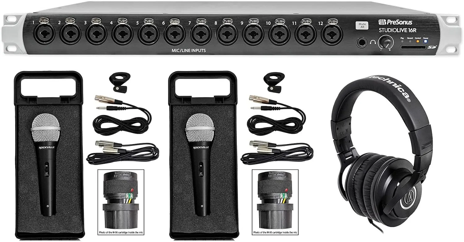 PRESONUS Studiolive 16R 16-Ch. Mount Stage Box Mixer Bundle with Audio Technica Studio Monitor Headphones ATHM40x & Rockville Handheld Wired Microphone Mic (3 item)