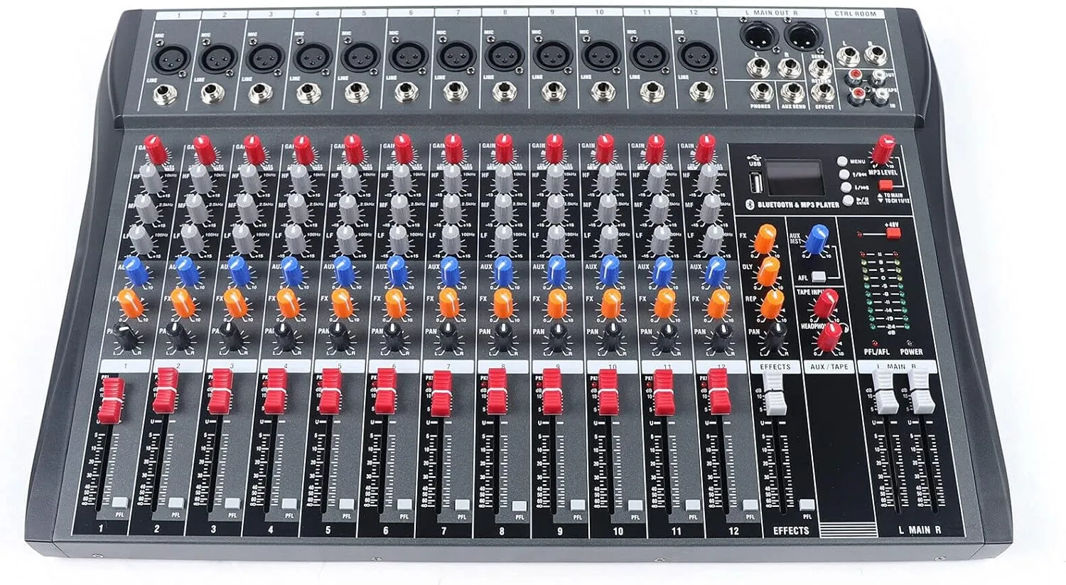 Pro 12 Channels Live Audio Mixer Bluetooth USB DJ Sound Mixing Console with 3 Stage Equalization Regulate 6 Modes Of Music for Family Ktv,Campus Speech,Meeting Etc