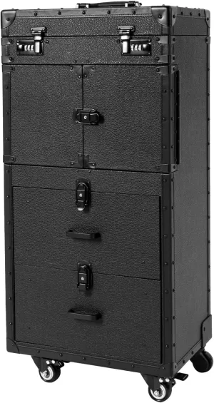 Professional Rolling Makeup Train Case, 3 in 1 Aluminum Makeup Travel Organizer, Makeup Travel Case with Wheels (Two with Brakes), Barber Case Traveling Cart Trunk, Black