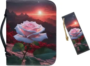 PU Bible Cover for Women Girls- Bible Case with Leather Bookmark (Set of 1) - Bible Study Supplies for Home, Office,Pink Rose and Sunset,XL