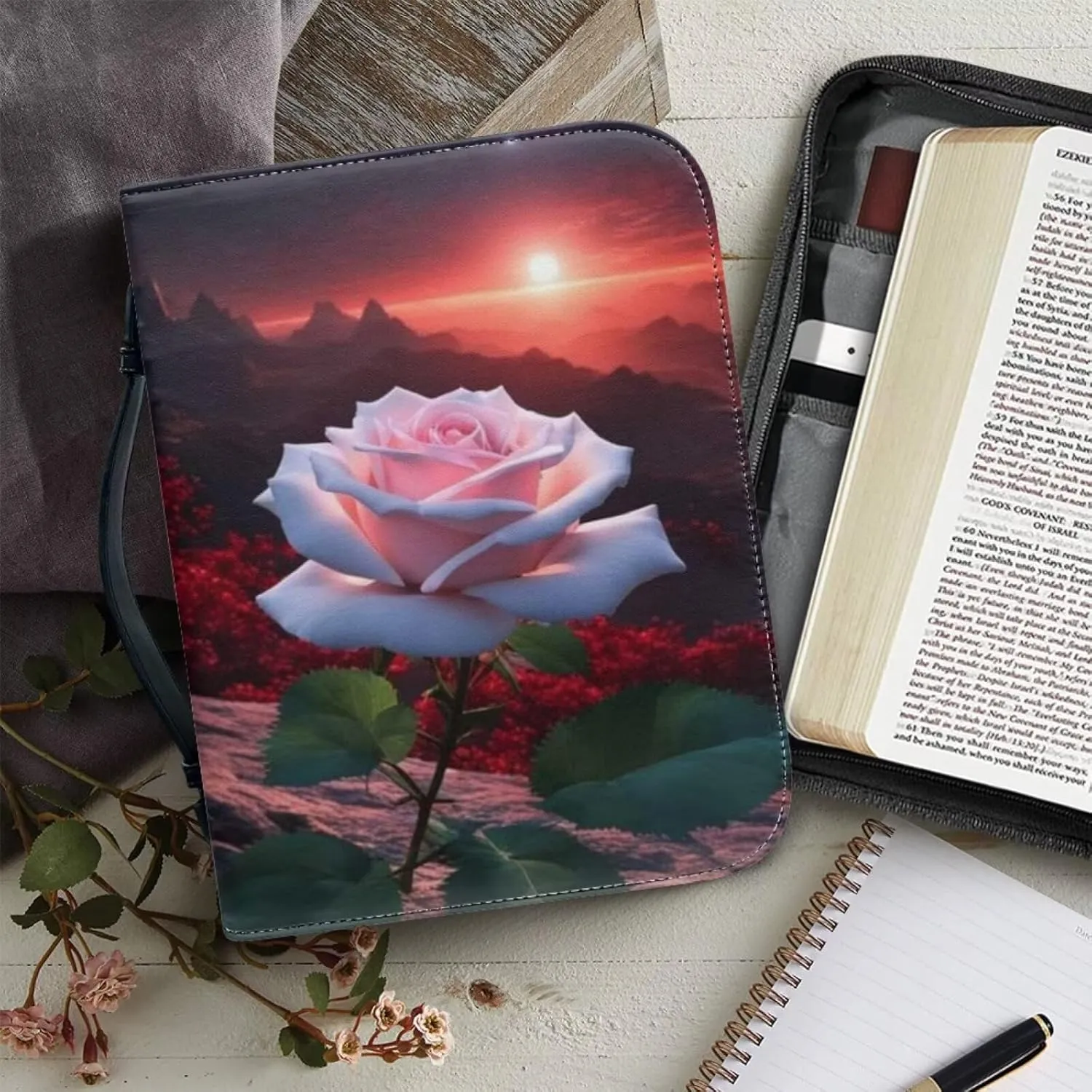 PU Bible Cover for Women Girls- Bible Case with Leather Bookmark (Set of 1) - Bible Study Supplies for Home, Office,Pink Rose and Sunset,XL