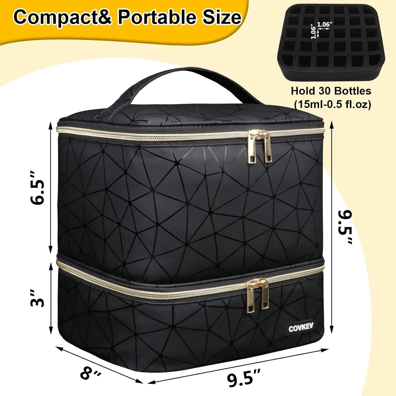 PU Leather Nail Polish Organizer Bag Holds Nail Lamp& 30 Bottles (15ml-0.5 fl.oz), Portable Travel Nail Kit Storage Carrying Case, Double Layer Nail Supplies Organizer Handbag (Elegant Black)