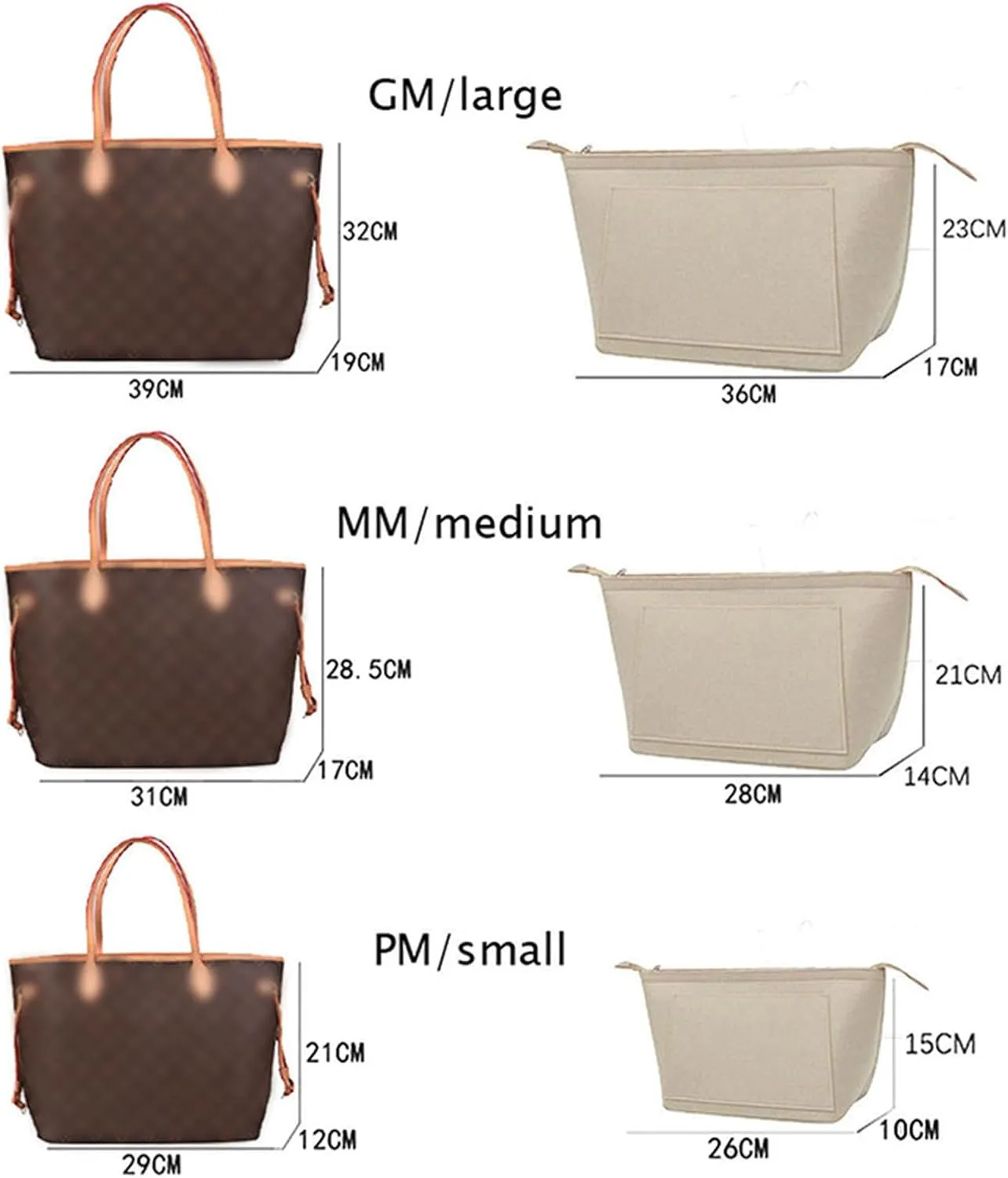 Pulse organizer insert for L.V n.everfull tote bag to receive and organize lining insertY060khaki-L