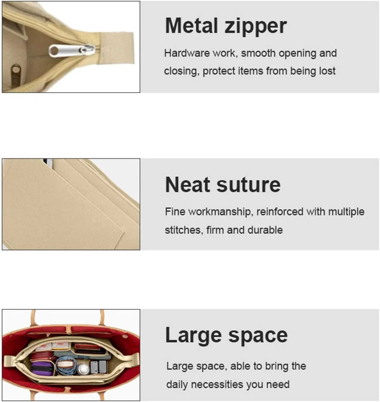 Pulse organizer insert for L.V n.everfull tote bag to receive and organize lining insertY060khaki-L
