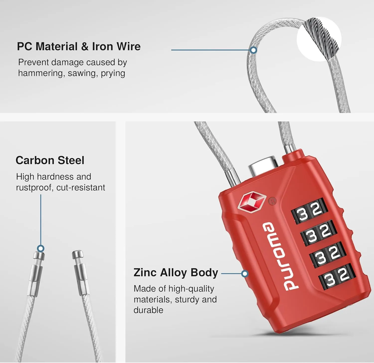 Puroma 2 Pack TSA Approved Luggage Lock, 4 Digit Combination Travel Locks Resettable Code Lock with Zinc Alloy Body for Suitcase, Toolbox, Backpack, Bag, Gym Locker (Red)