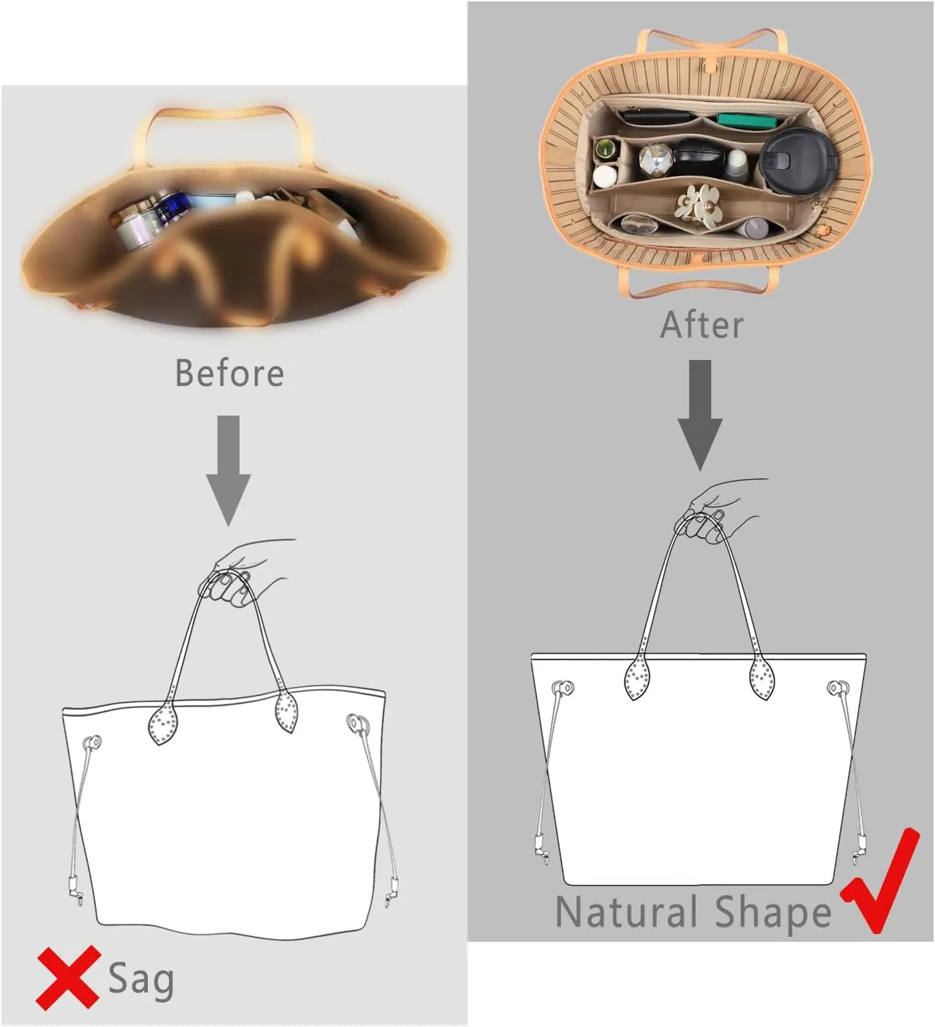 Purse Organizer Insert, Felt Purse Organizer with Zipper and Sewn Bottom Insert, Fit Speedy Neverfull Graceful,6 Sizes