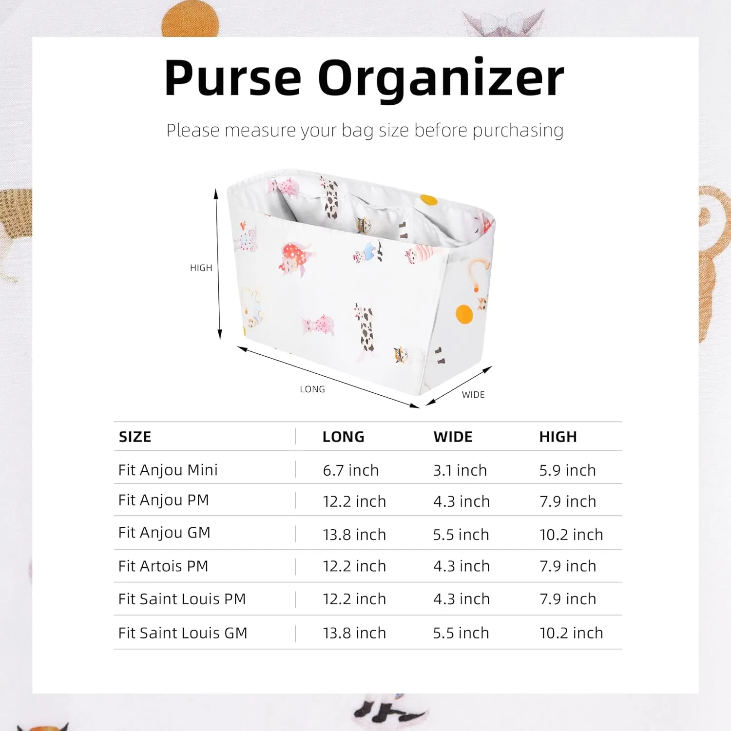 Purse Organizer Insert for Anjou/Artois/Saint Louis Tote Bags, Lightweight Handbag Organizer Liner, Soft Bag Tote Shaper(Saint Louis GM,Cat Paradise)