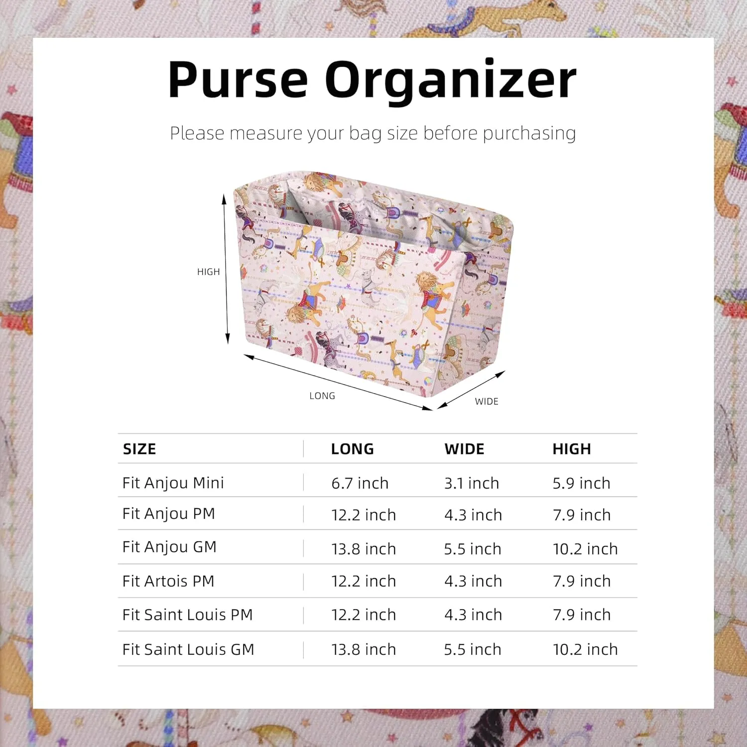 Purse Organizer Insert for Anjou/Artois/Saint Louis Tote Bags, Lightweight Handbag Organizer Liner, Soft Bag Tote Shaper(Saint Louis GM,Circus(Pink))