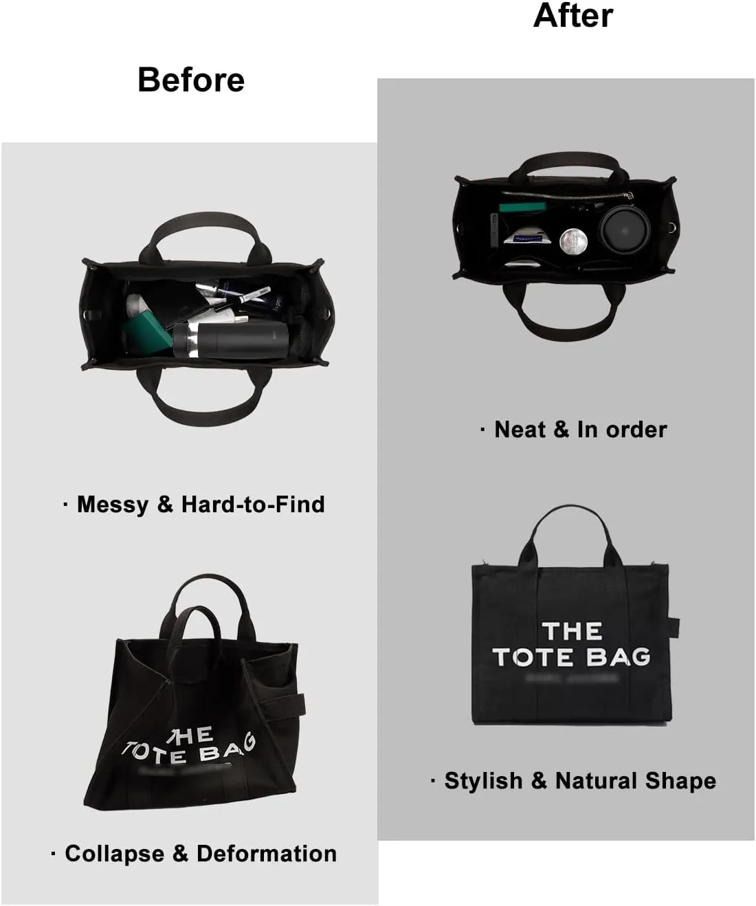 Purse Organizer Insert For Handbags, Tote Bag Organizer Insert, Compatible with MJ Tote and Onthego (Large, Black)