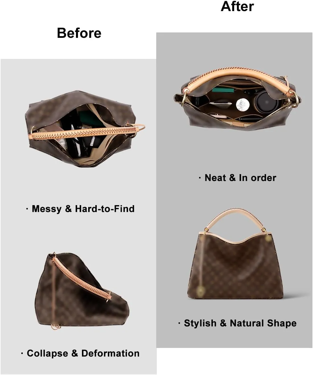 Purse Organizer Insert For Handbags, Tote Bag Organizer Insert, Handbag Organizer For Tote & Handbags, Compatible with Neverful Speedy and More (Slender Large,Lighting Coffee)