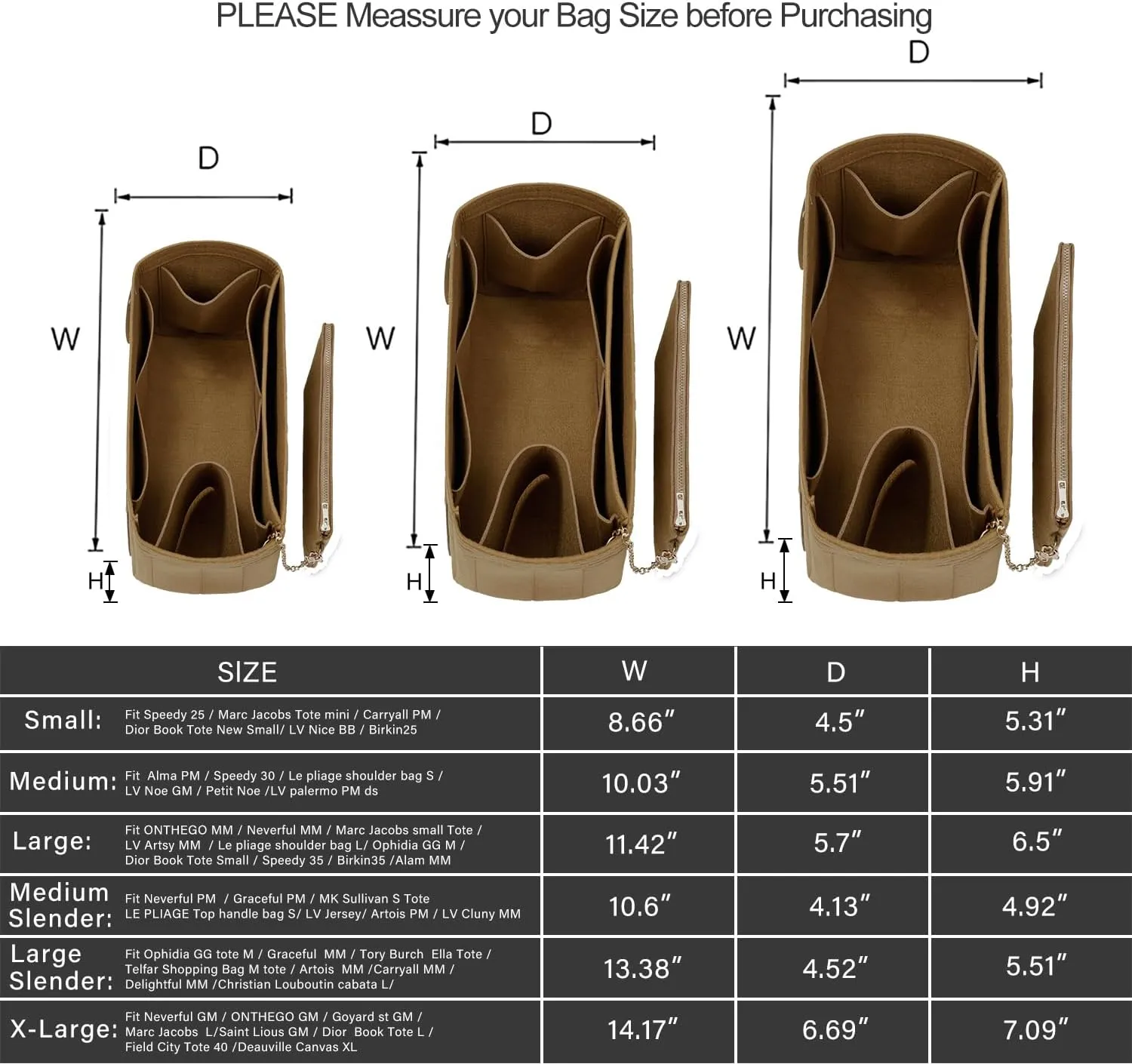 Purse Organizer Insert For Handbags, Tote Bag Organizer Insert, Handbag Organizer For Tote & Handbags, Compatible with Neverful Speedy and More (Slender Large,Lighting Coffee)