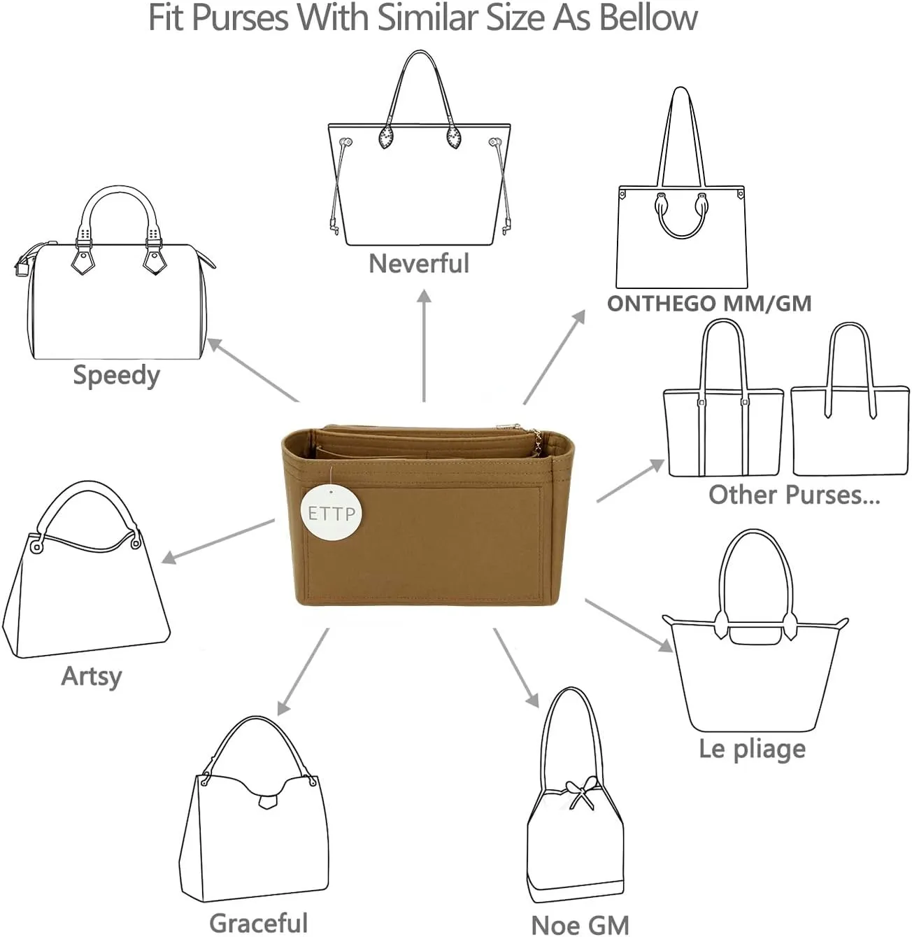 Purse Organizer Insert For Handbags, Tote Bag Organizer Insert, Handbag Organizer For Tote & Handbags, Compatible with Neverful Speedy and More (Slender Large,Lighting Coffee)
