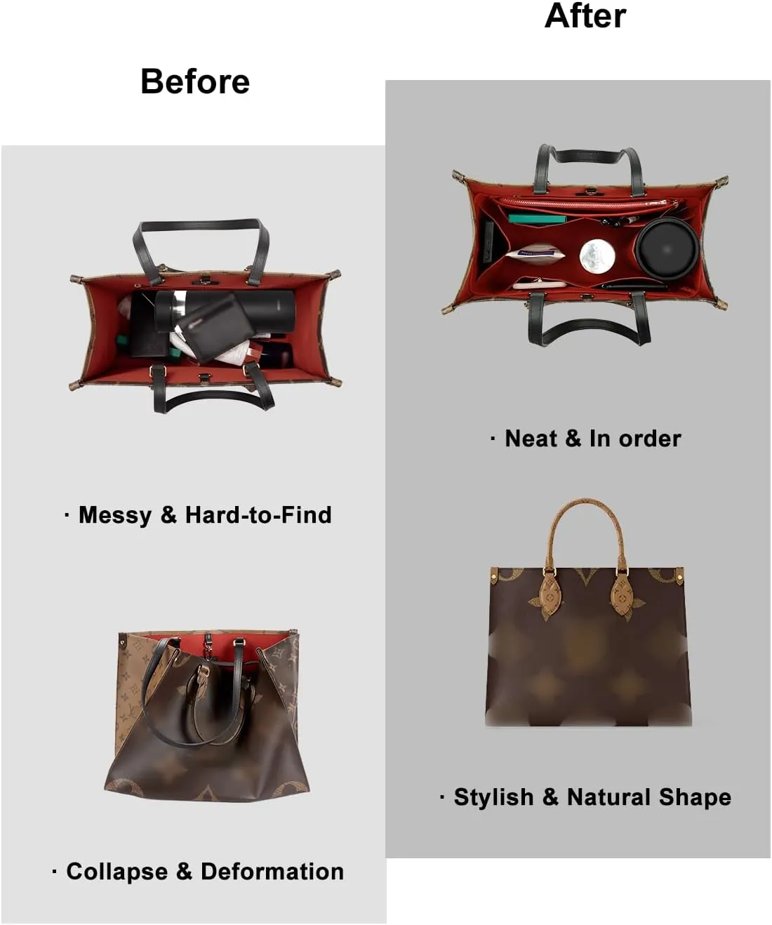Purse Organizer Insert For Handbags, Tote Bag Organizer Insert, Handbag Organizer For Tote & Handbags, Compatible with Neverful Speedy and More (XLarge,Red)