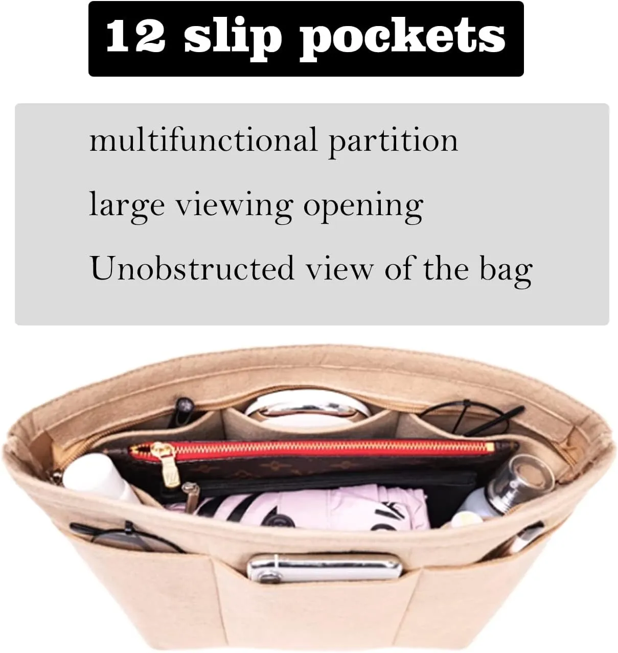 Purse Organizer Insert, Tote Bag Organizer Insert, Felt Bag Divider With 12 Pockets, Compatible With Tote, Handbags (Black, Small)
