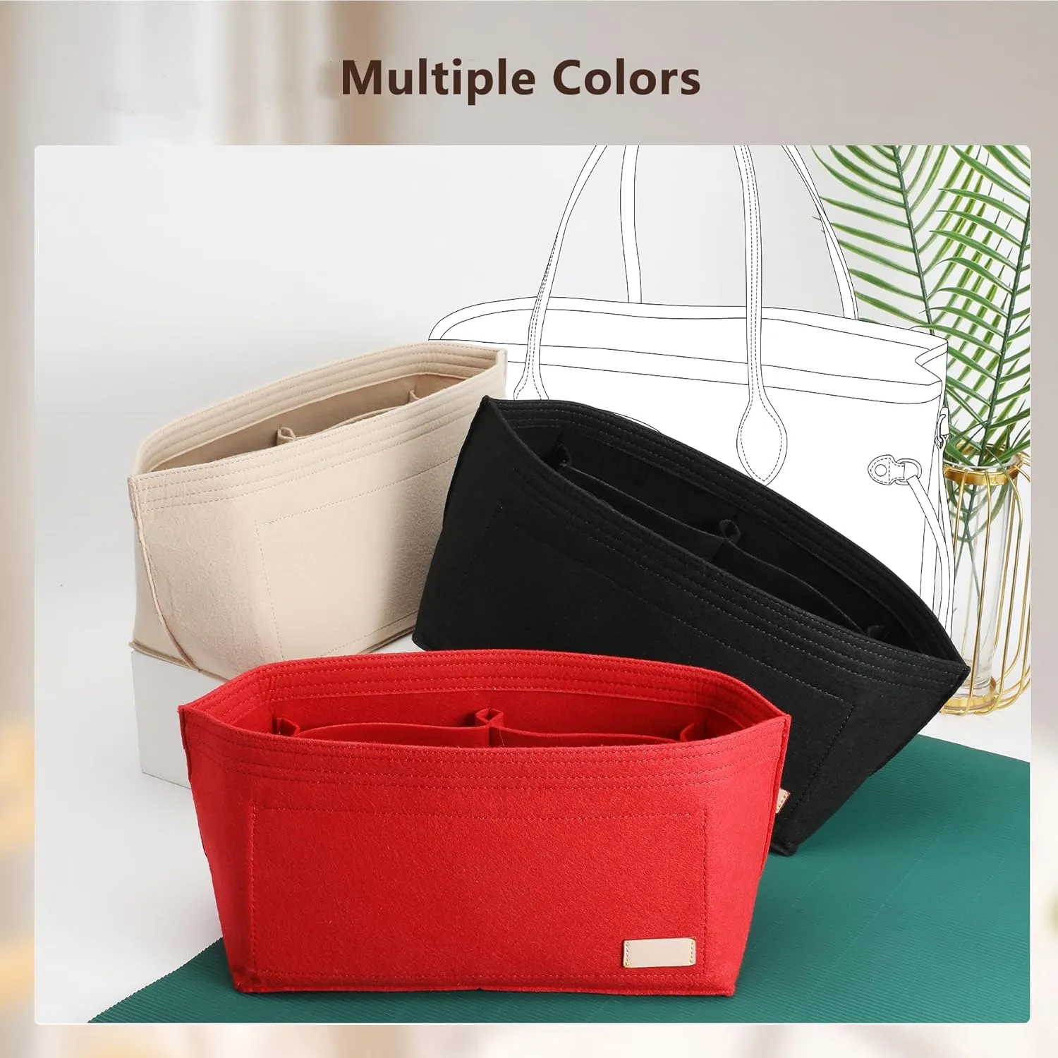 Purse Organizer Insert with Base Shaper,Felt Tote Bag Organizer Insert Compatible with neverfull MM,C.oach City 33,G.oyard SaintLouis PM and More,Bag Inner Shaper for Luxury Bags,Red/L