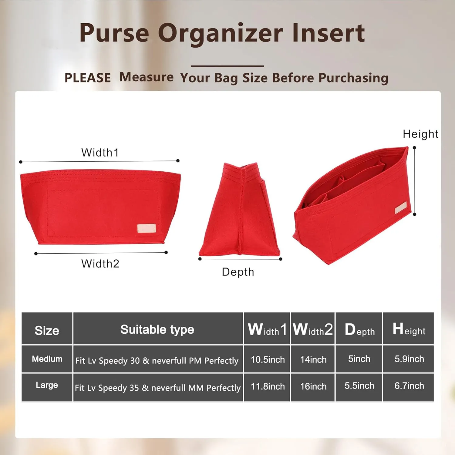 Purse Organizer Insert with Base Shaper,Felt Tote Bag Organizer Insert Compatible with neverfull MM,C.oach City 33,G.oyard SaintLouis PM and More,Bag Inner Shaper for Luxury Bags,Red/L
