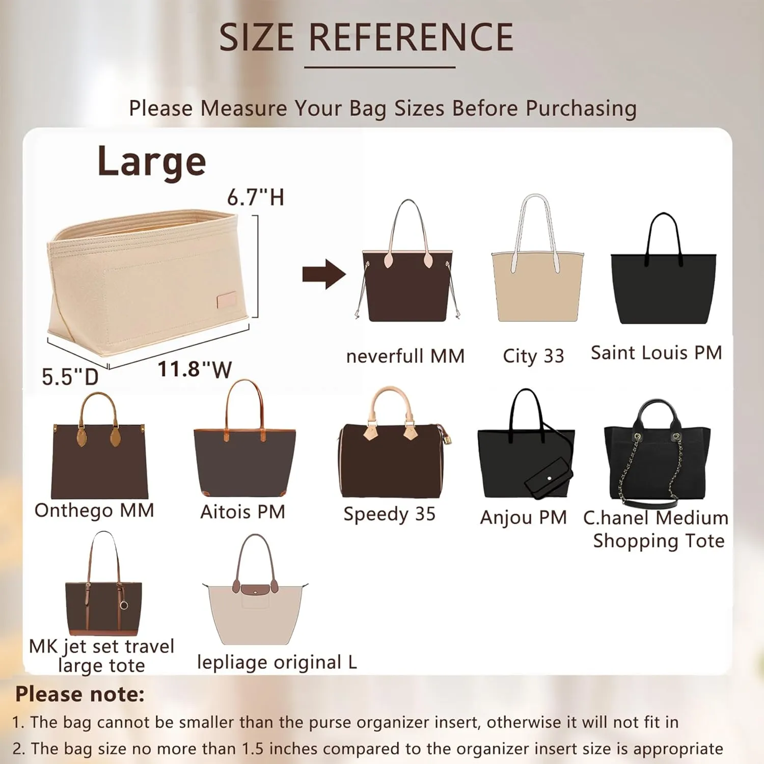 Purse Organizer Insert with Base Shaper,Felt Tote Bag Organizer Insert Compatible with neverfull MM,C.oach City 33,G.oyard SaintLouis PM and More,Bag Inner Shaper for Luxury Bags,Red/L