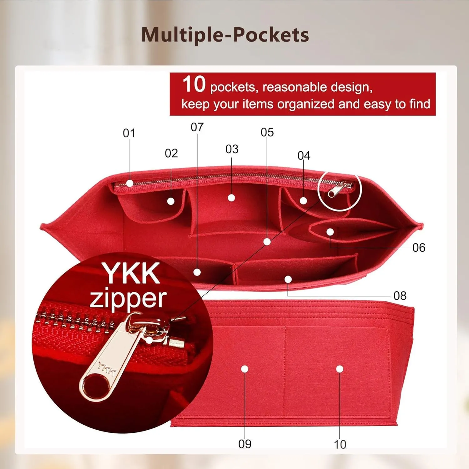 Purse Organizer Insert with Base Shaper,Felt Tote Bag Organizer Insert Compatible with neverfull MM,C.oach City 33,G.oyard SaintLouis PM and More,Bag Inner Shaper for Luxury Bags,Red/L