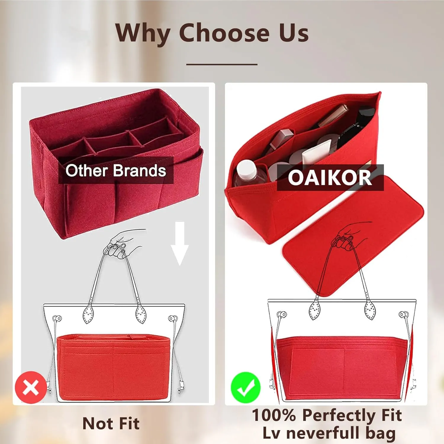 Purse Organizer Insert with Base Shaper,Felt Tote Bag Organizer Insert Compatible with neverfull MM,C.oach City 33,G.oyard SaintLouis PM and More,Bag Inner Shaper for Luxury Bags,Red/L