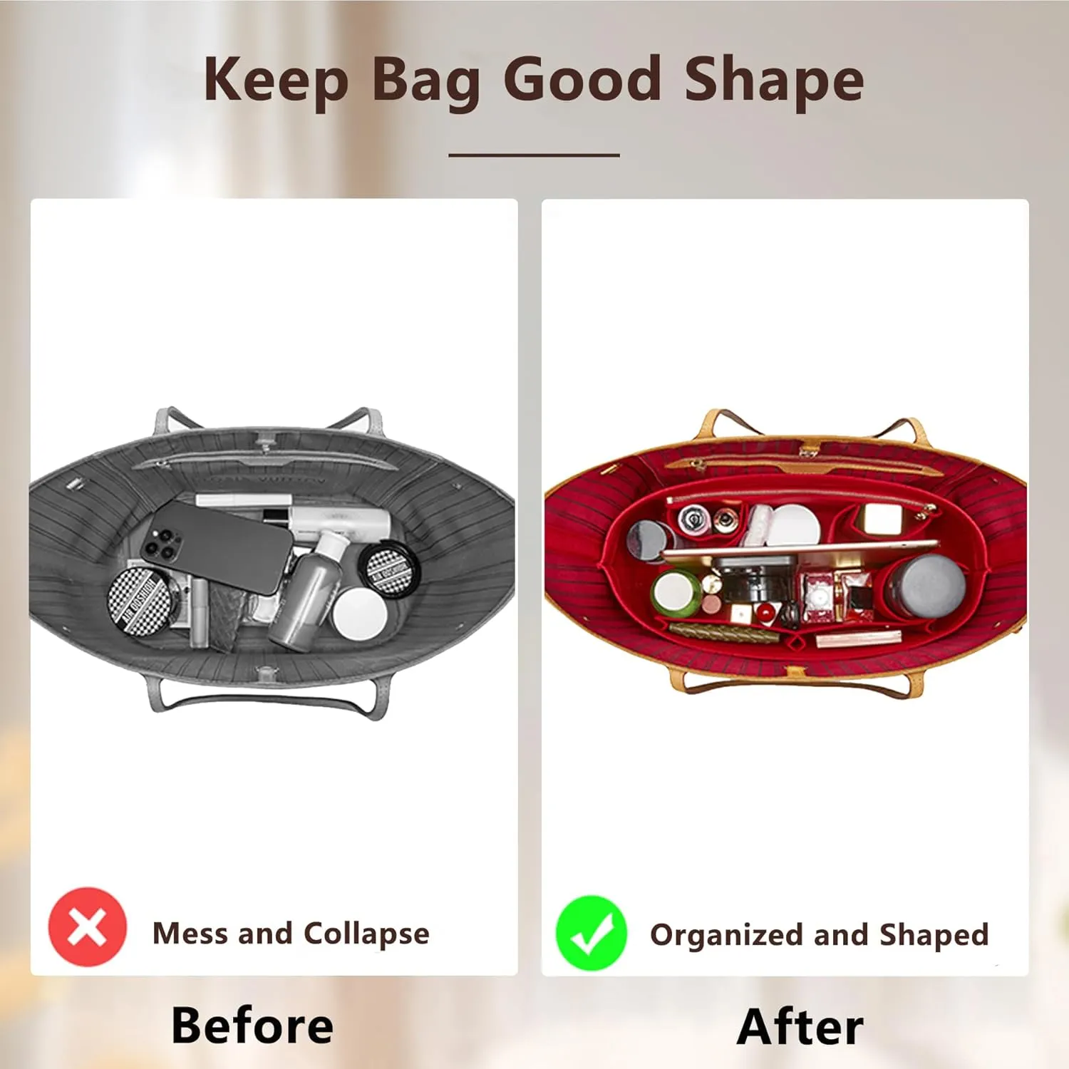 Purse Organizer Insert with Base Shaper,Felt Tote Bag Organizer Insert Compatible with neverfull MM,C.oach City 33,G.oyard SaintLouis PM and More,Bag Inner Shaper for Luxury Bags,Red/L