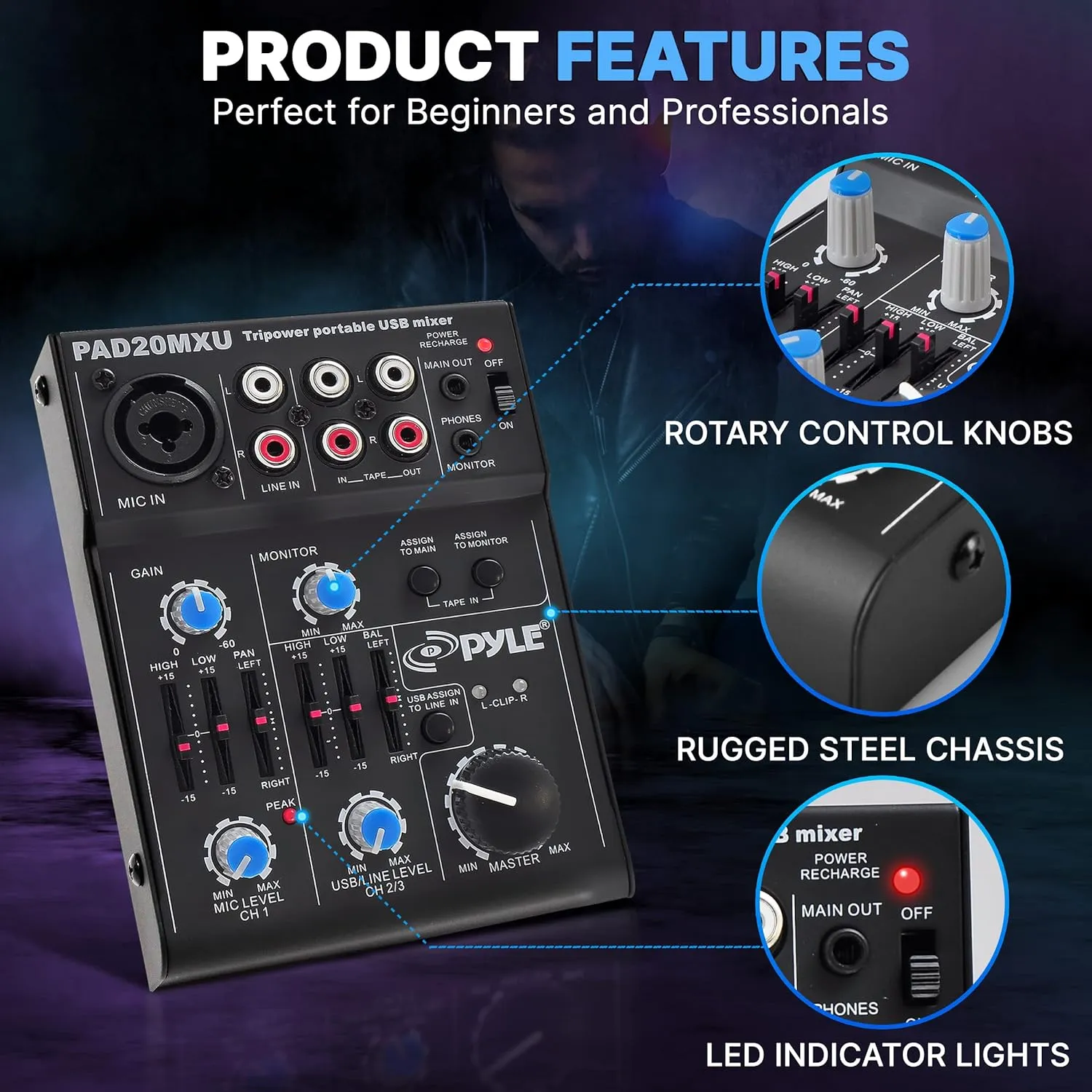 Pyle 5-Channel Audio Mixer - DJ Sound Controller with USB Soundcard for PC Recording - XLR/3.5mm Mic Jack - 18V Phantom Power - RCA Inputs/Outputs - 2-Band EQ - Low Noise Design - PAD20MXU