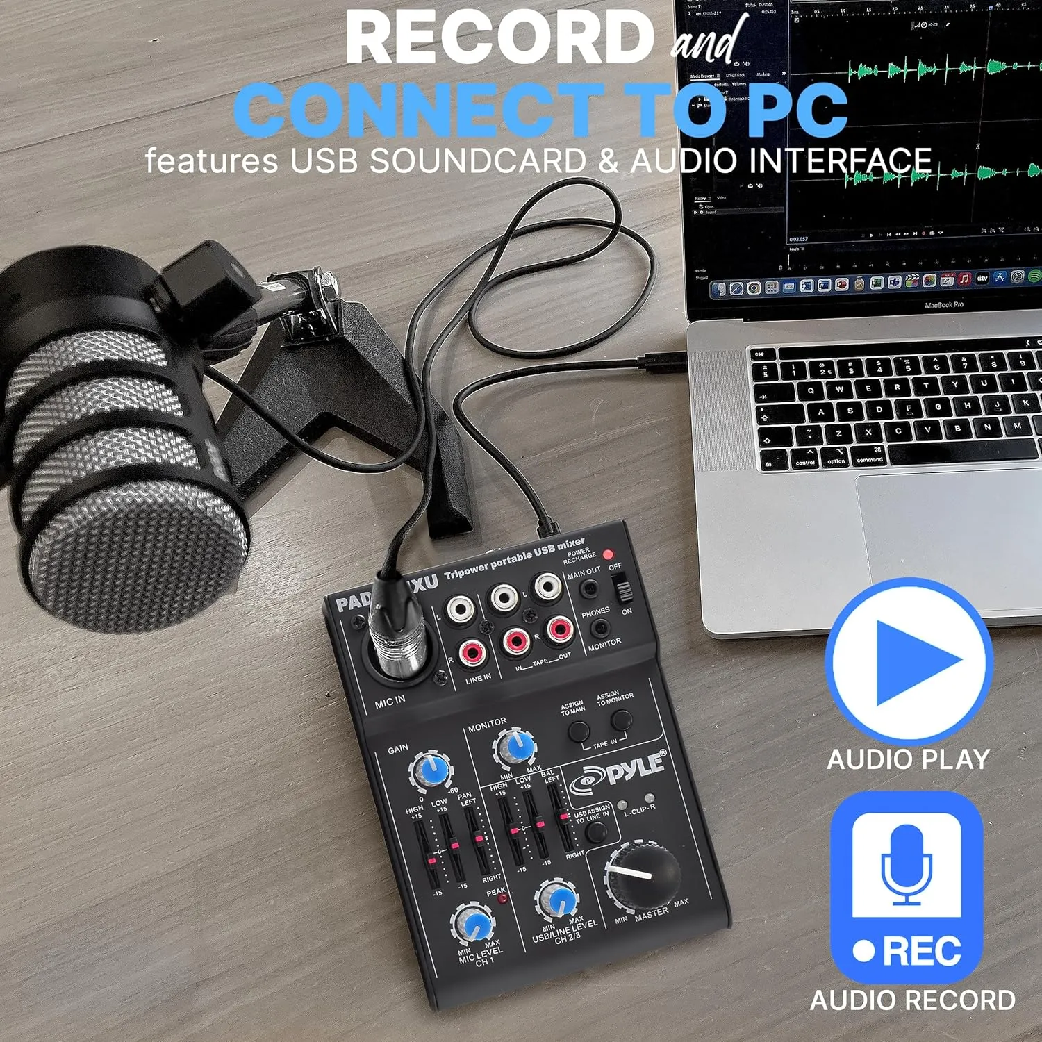 Pyle 5-Channel Audio Mixer - DJ Sound Controller with USB Soundcard for PC Recording - XLR/3.5mm Mic Jack - 18V Phantom Power - RCA Inputs/Outputs - 2-Band EQ - Low Noise Design - PAD20MXU