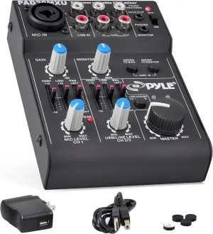 Pyle 5-Channel Audio Mixer - DJ Sound Controller with USB Soundcard for PC Recording - XLR/3.5mm Mic Jack - 18V Phantom Power - RCA Inputs/Outputs - 2-Band EQ - Low Noise Design - PAD20MXU