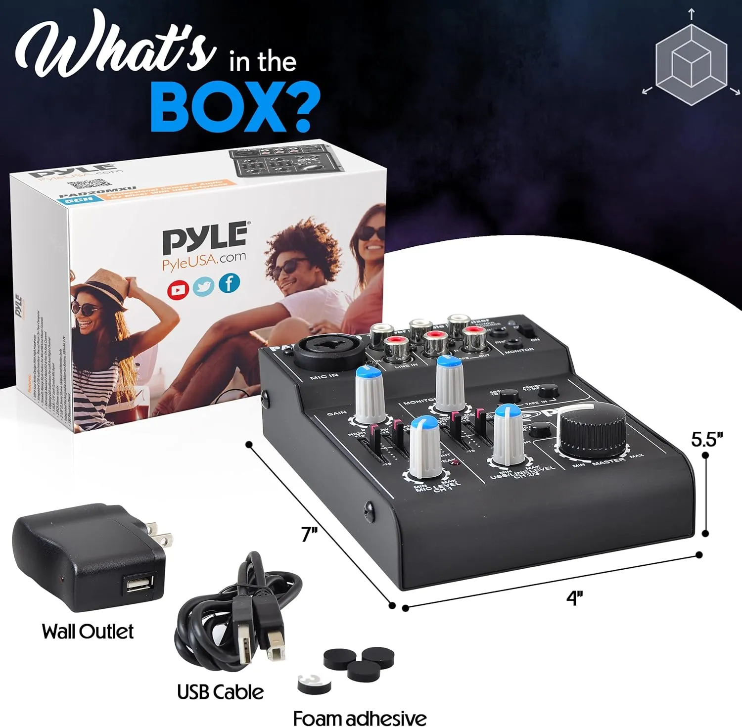 Pyle 5-Channel Audio Mixer - DJ Sound Controller with USB Soundcard for PC Recording - XLR/3.5mm Mic Jack - 18V Phantom Power - RCA Inputs/Outputs - 2-Band EQ - Low Noise Design - PAD20MXU