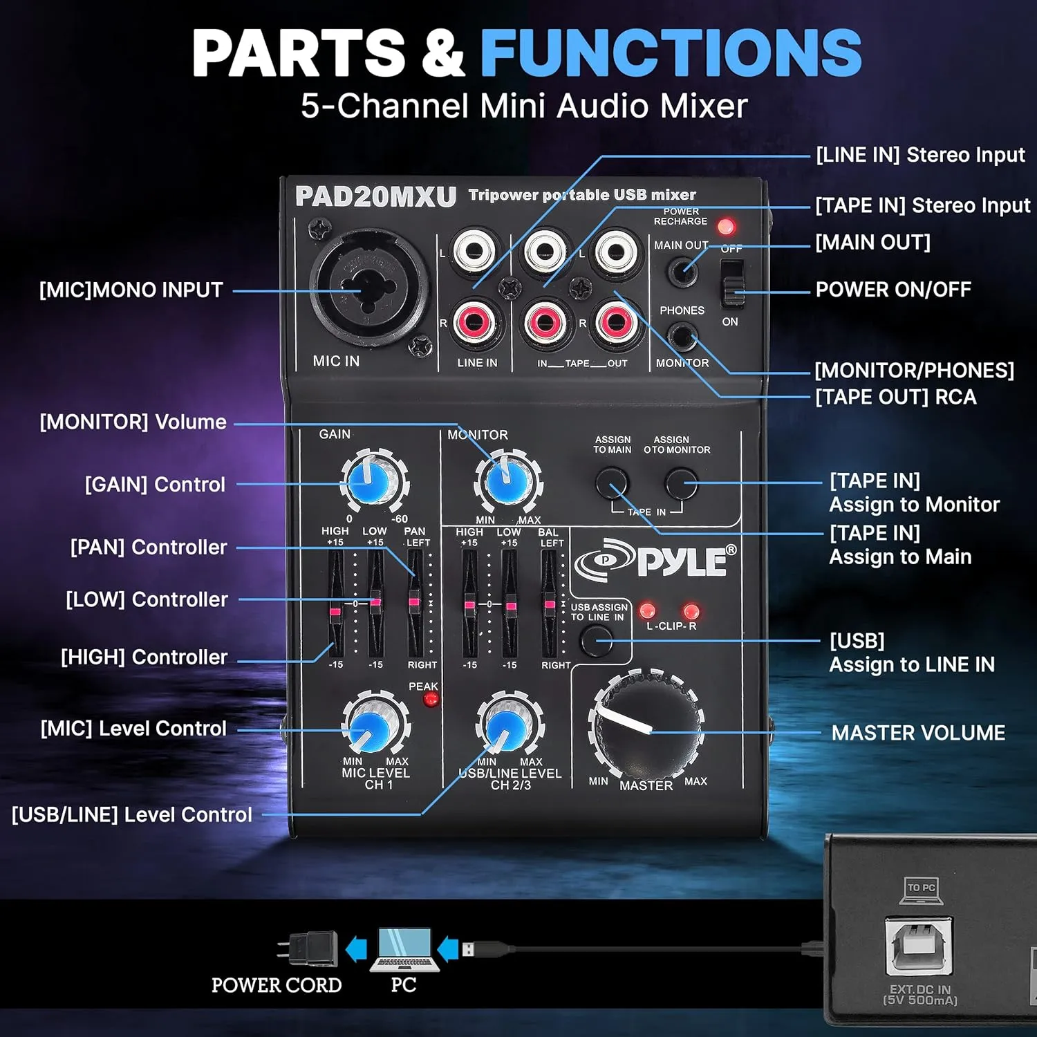 Pyle 5-Channel Audio Mixer - DJ Sound Controller with USB Soundcard for PC Recording - XLR/3.5mm Mic Jack - 18V Phantom Power - RCA Inputs/Outputs - 2-Band EQ - Low Noise Design - PAD20MXU