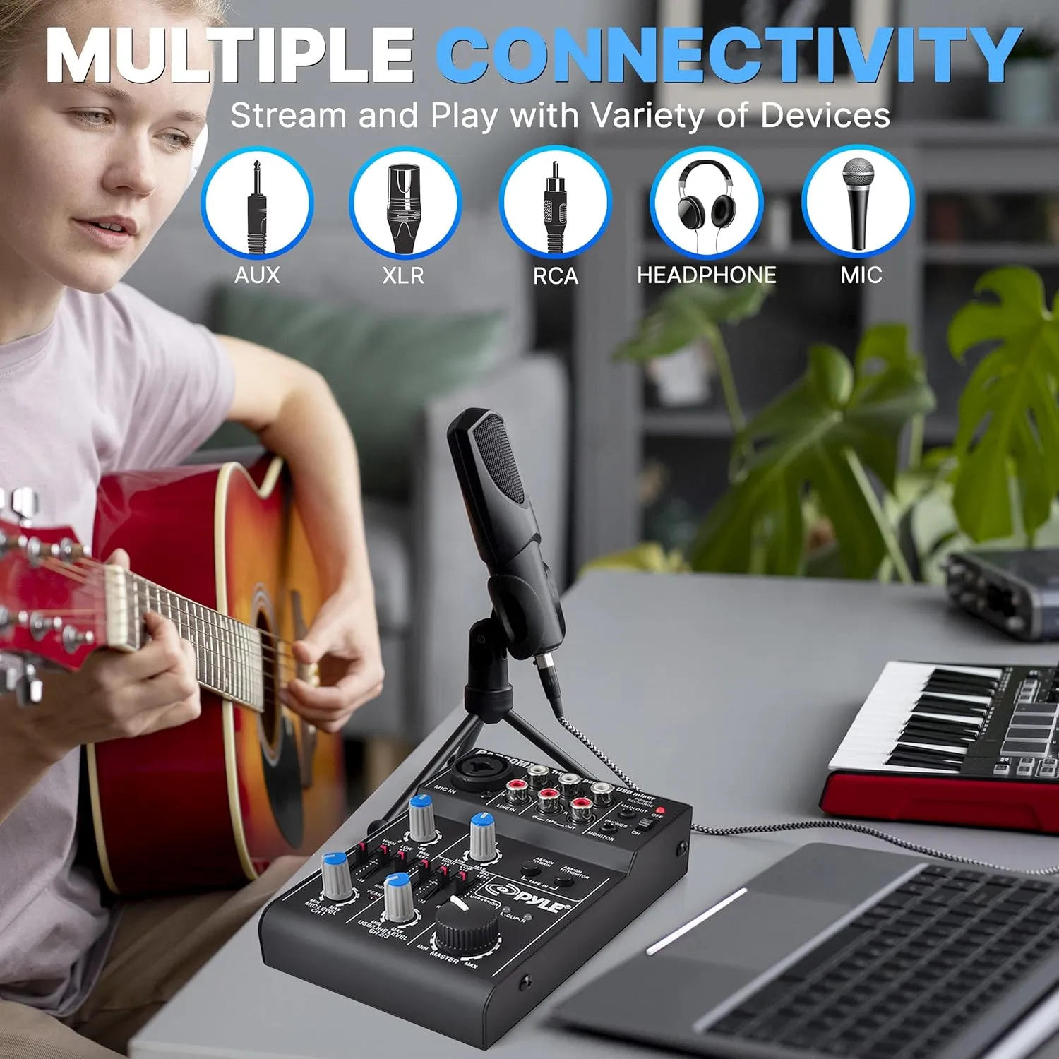 Pyle 5-Channel Audio Mixer - DJ Sound Controller with USB Soundcard for PC Recording - XLR/3.5mm Mic Jack - 18V Phantom Power - RCA Inputs/Outputs - 2-Band EQ - Low Noise Design - PAD20MXU