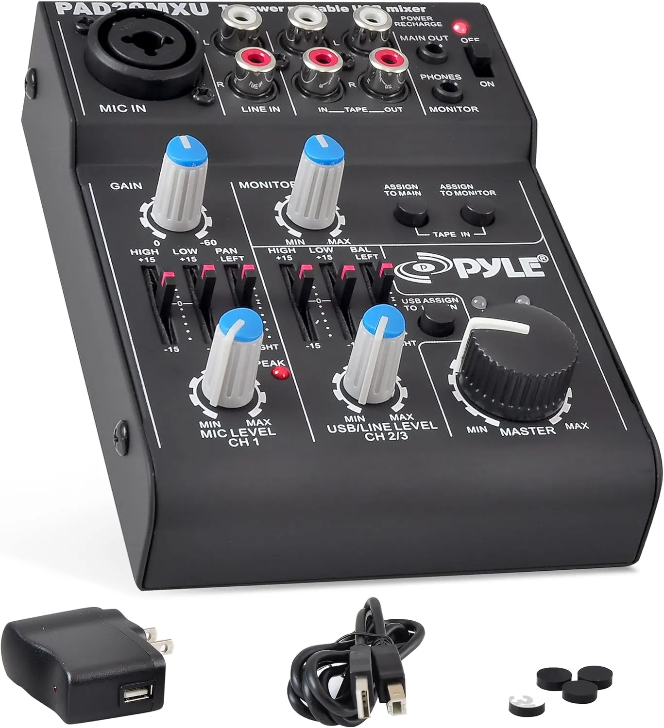 Pyle 5-Channel Audio Mixer - DJ Sound Controller with USB Soundcard for PC Recording - XLR/3.5mm Mic Jack - 18V Phantom Power - RCA Inputs/Outputs - 2-Band EQ - Low Noise Design - PAD20MXU