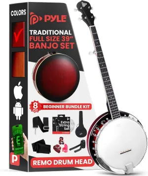 Pyle Banjo Kit with Remo Head and Sapele Resonator, 39" Full Size Traditional Open or Closed Back 5 String Instrument with 24 Brackets, Geared 5th Tuner, Premium Accessory Kit (Red Burst)