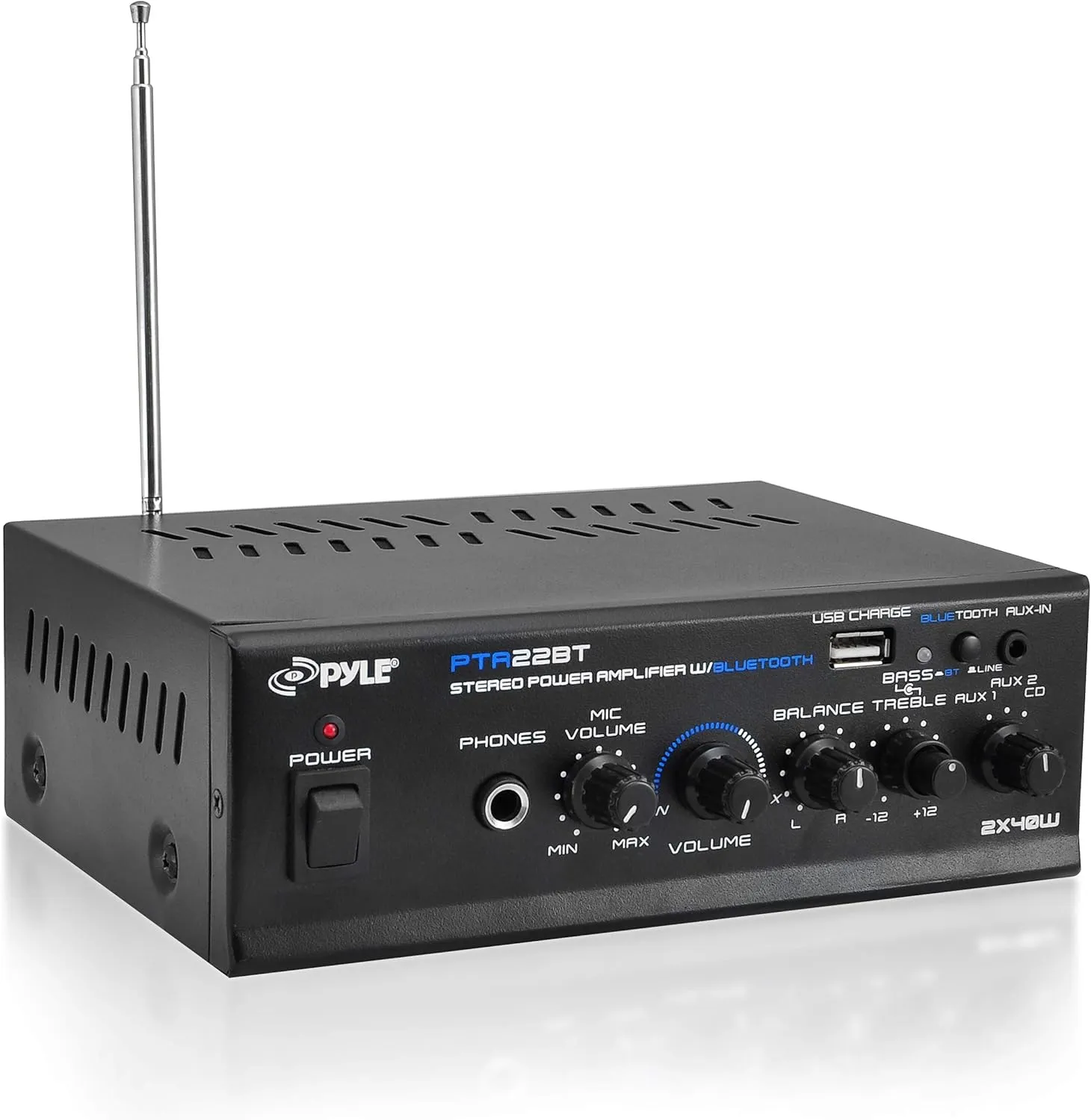 Pyle Bluetooth 5.0 Mini Home Audio Amplifier - 40W x 2 Compact Desktop Stereo Receiver with USB - SD - FM - Mic Input - Pager & Mixer Karaoke Modes - RCA Input - AUX - Headphone Jack - PTA22BT